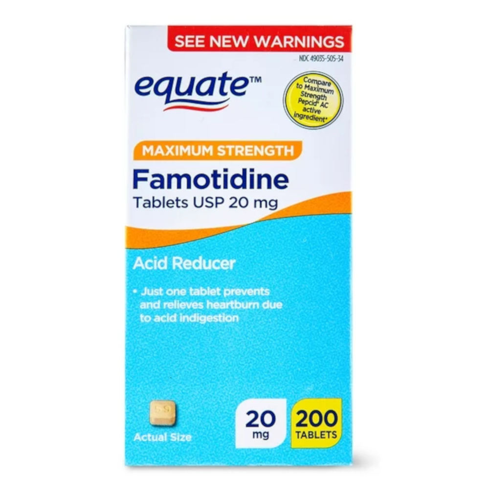 Equate Maximum Strength 20 mg Famotidine Tablets 200 In Front Of White Background