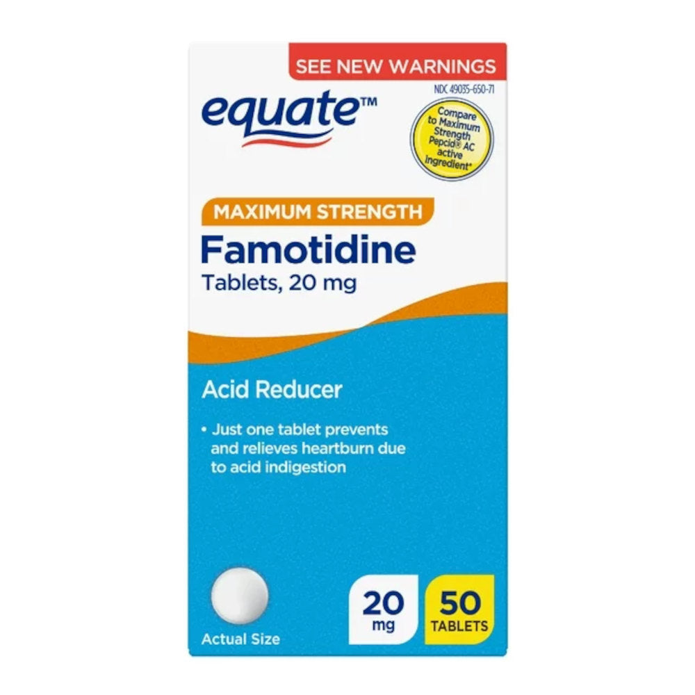 Equate Maximum Strength 20 mg Famotidine Tablets 50 In Front Of White Background