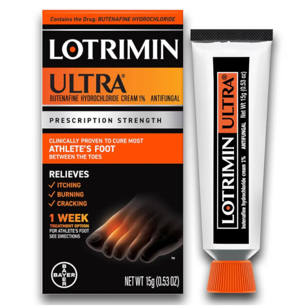 Lotrimin Ultra butenafine hydrochloride cream 1% antifungal tube and packaging box shown side by side on a white background.