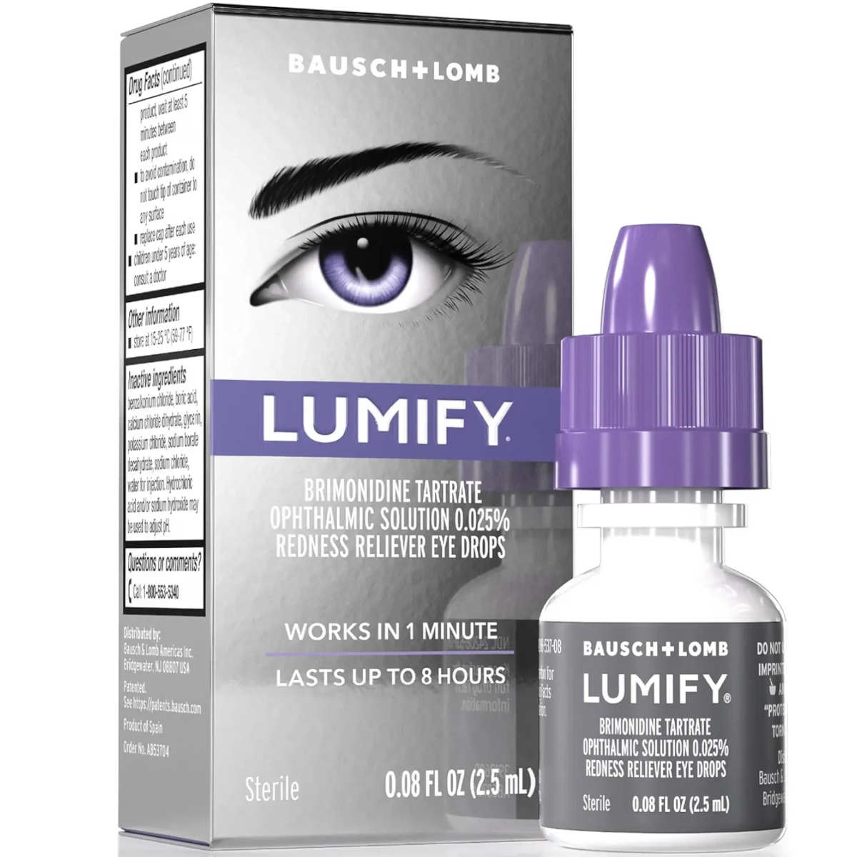 Lumify Eye Drops 2.5 ml bottle Brimonidine Tartrate Ophthalmic Solution 0.025% , showing the  silver and white retail box with a purple eye graphic alongside the clear bottle with a purple dropper cap.