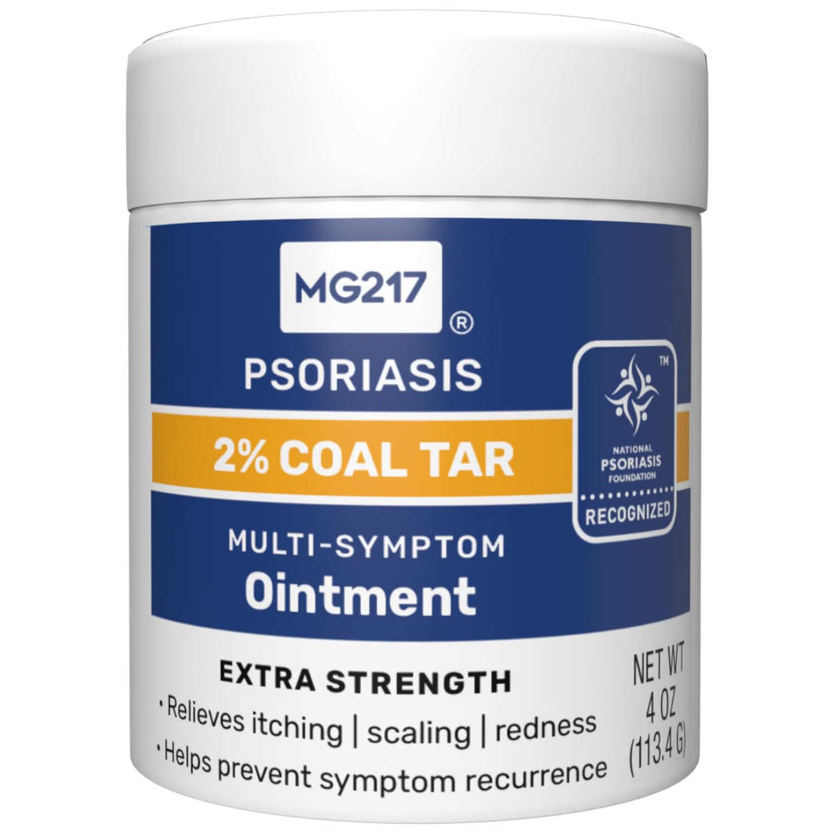 White jar of MG217 Multi-Symptom Ointment with coal tar, labeled for psoriasis and seborrheic dermatitis; clinical, pharmacy-style packaging.