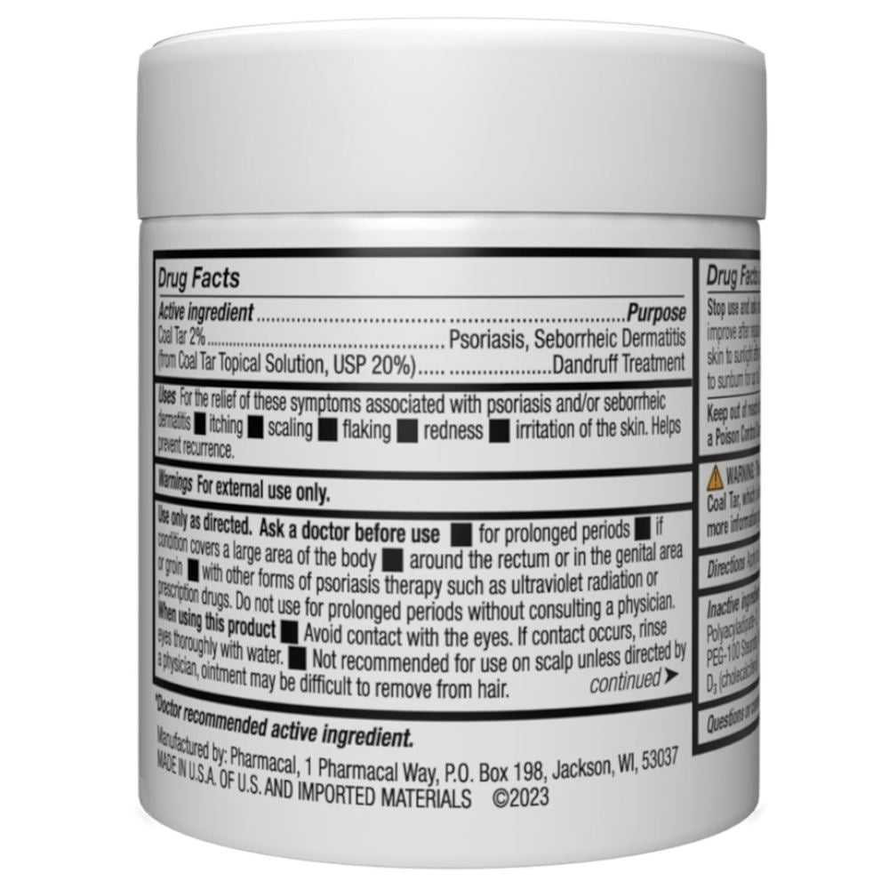 A white plastic jar of MG217 Multi-symptom psoriasis ointment with a white cap, showing the detailed Drug Facts label on a white background.