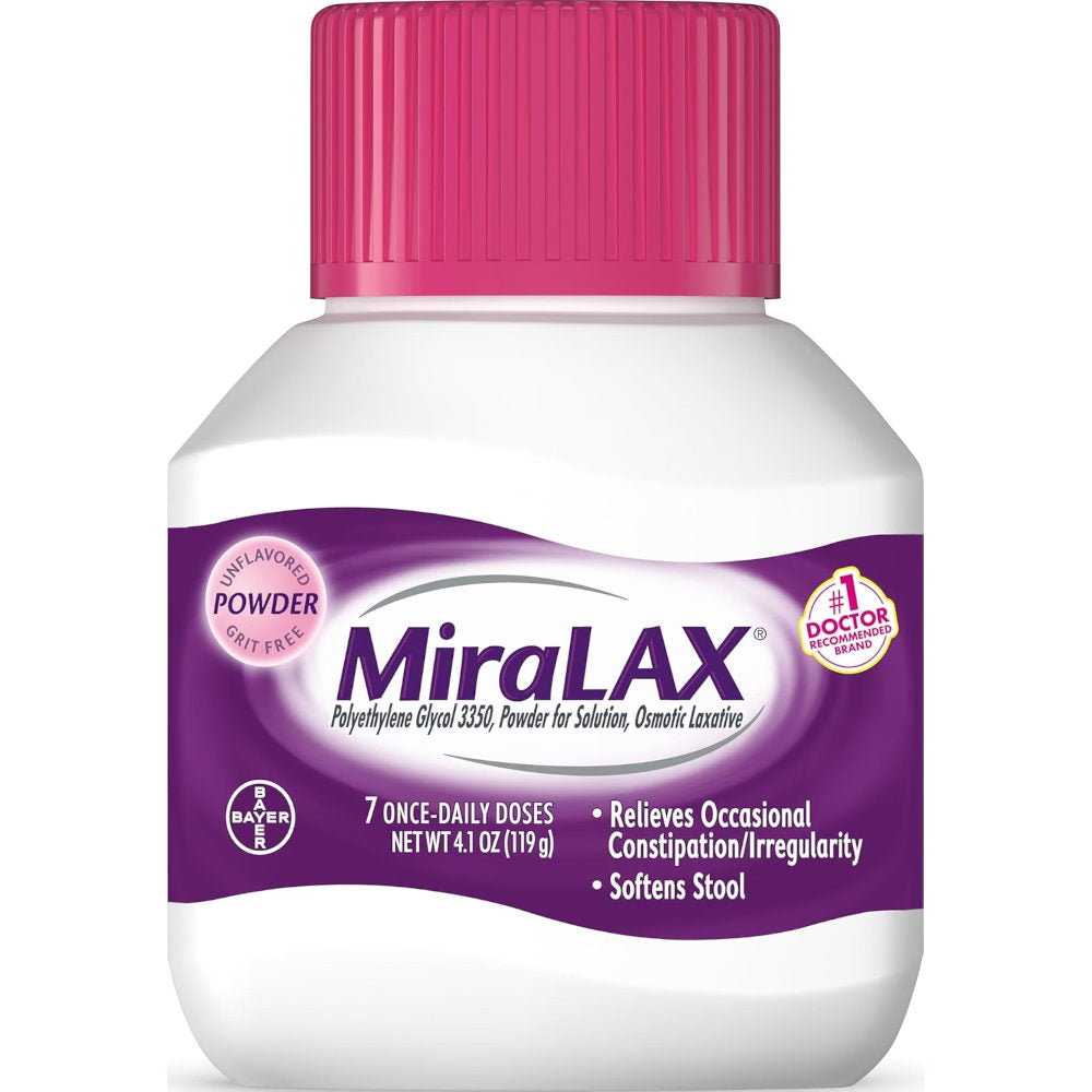 MiralAX unflavored powder laxative bottle with pink cap and purple label; provides 7 doses and relieves occasional constipation. In front of white background.