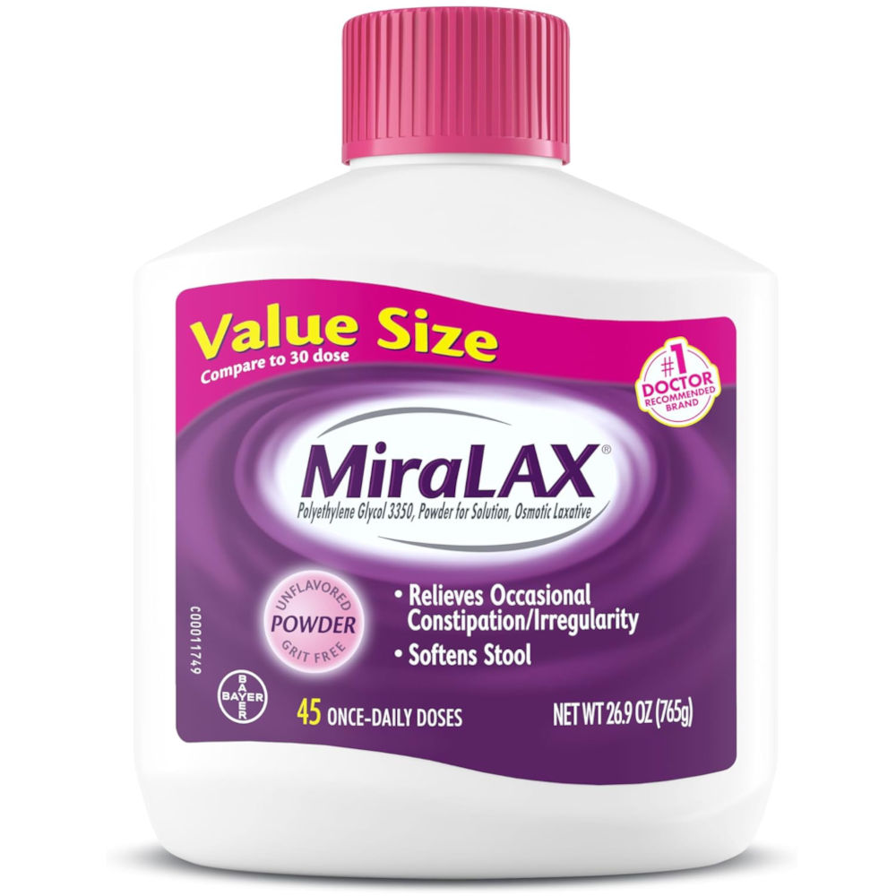 Miralax Polyethylene Glycol 3350 Laxative Powder Solution 45 Daily Doses In Front Of White Background