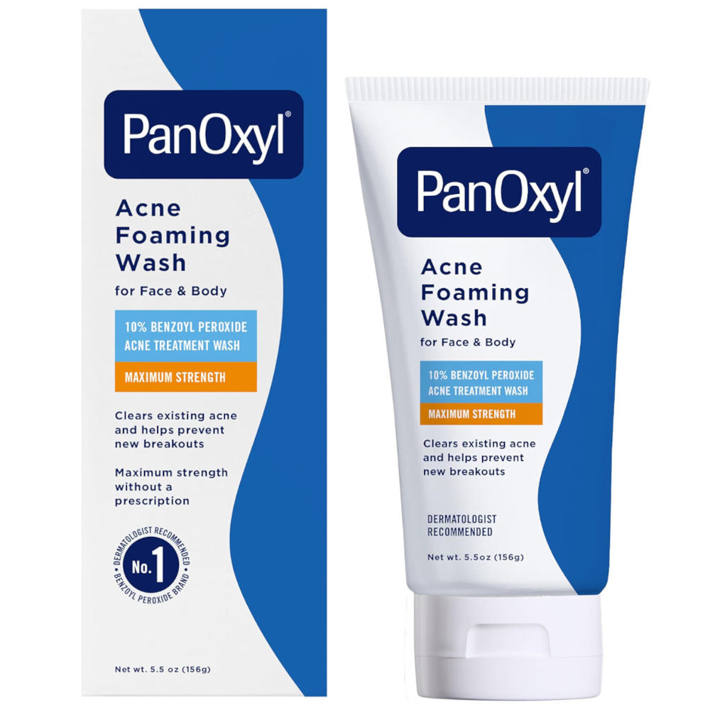 PanOxyl Acne Foaming Wash shown as a white squeeze tube and matching retail box, both with blue and white graphics and an orange accent panel, on a plain white background.