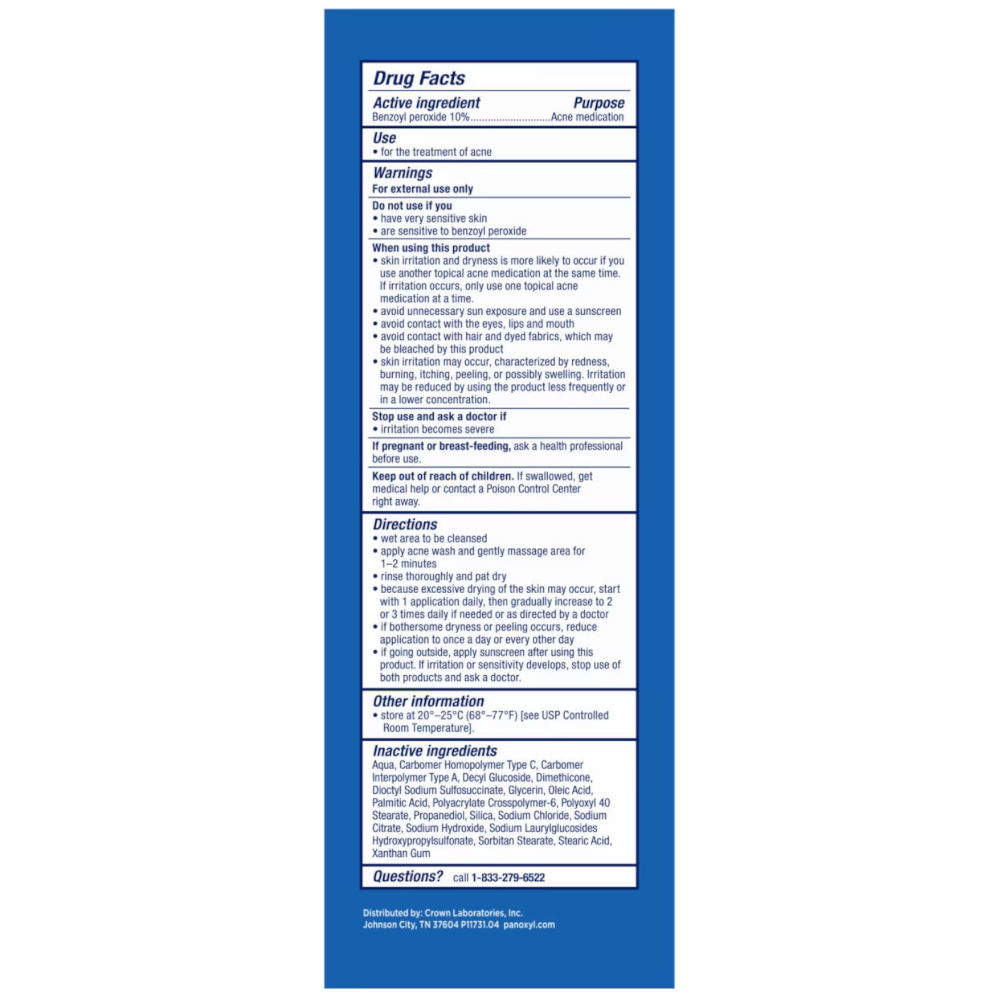 A blue and white Drug Facts label panel from Panoxyl Acne Foaming Wash by Johnson & Johnson, detailing the active ingredient, use, warnings, directions, and inactive ingredients for a skincare product.
