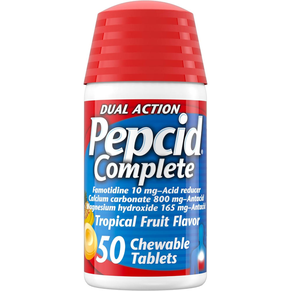 Pepcid Complete Dual Action Famotidine 10 mg Acid Reducer 50 Tropical Flavor Chewable Tablets In Front Of White Background