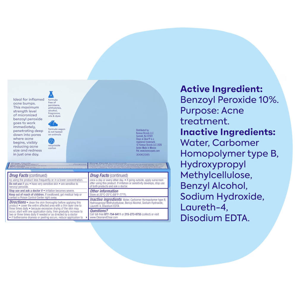 A boxed Clean And Clear Persa Gel  skincare product shown on a light blue background with descriptive ingredient text. The box is predominantly white with blue panels and small blue text, and the right side contains ingredient information in dark blue text.