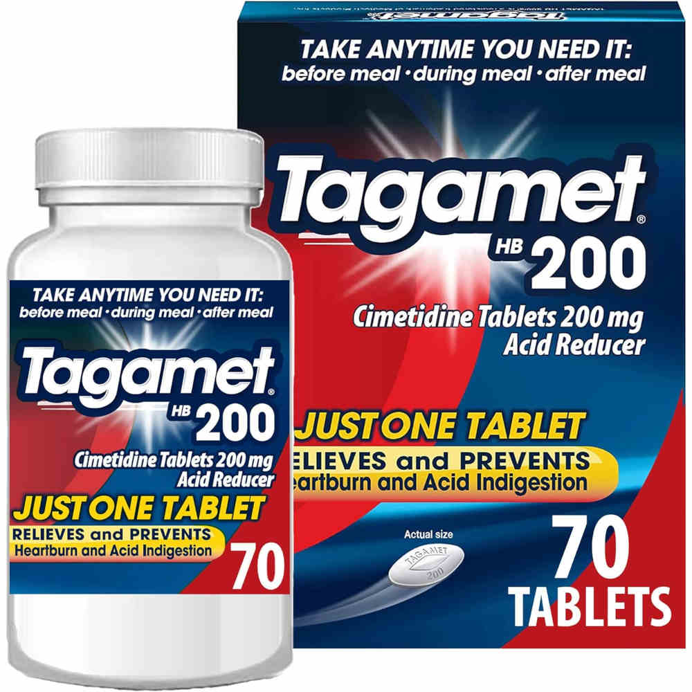 Tagamet HB 200 mg Cimetidine Acid Reducer & Heartburn Relief 70 Tablets In Front Of White Background