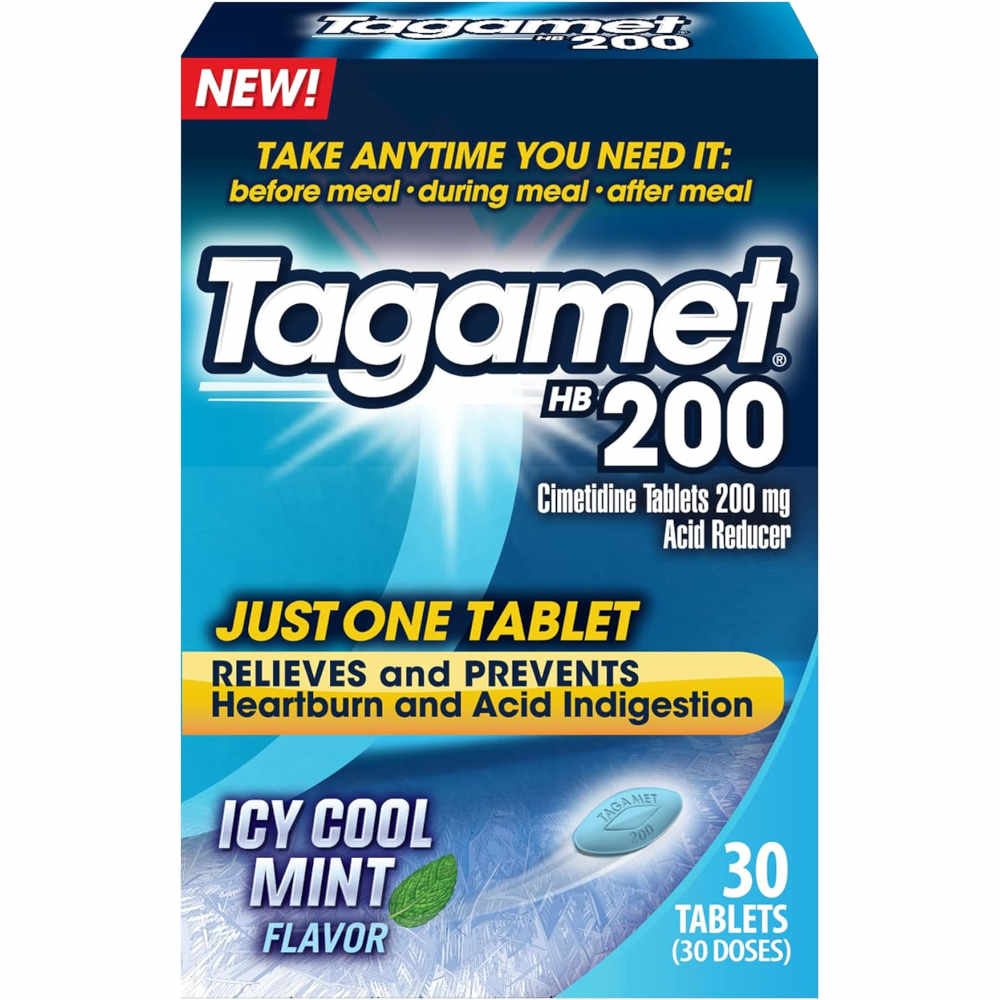 Tagamet HB 200 mg Icy Cool Mint Flavor  Cimetidine Acid Reducer & Heartburn Relief 30 Tablets In Front Of White Background