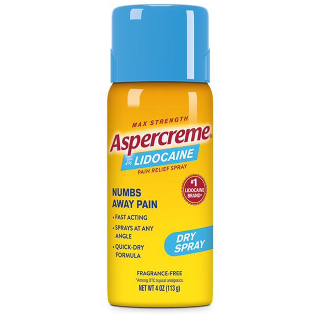 Aspercreme Lidocaine Pain Relief Spray 4 Oz In Front Of White Background