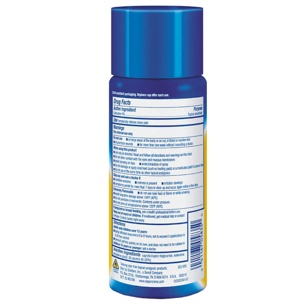 Aspercreme Lidocaine Pain Relief Spray 4 Oz Usage Instructions On reverse Of Product Bottle