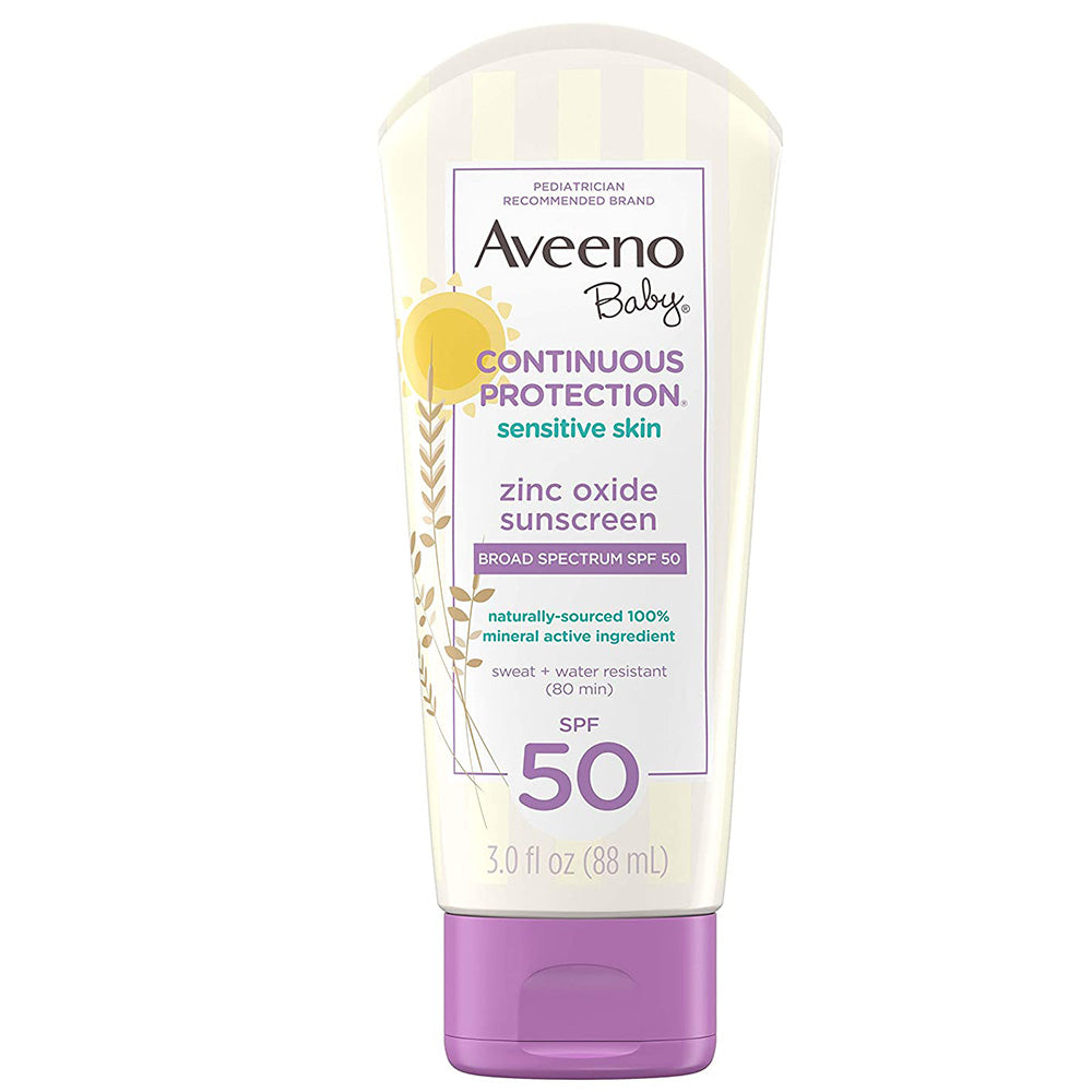 Aveeno Baby Continuous Protection Sunscreen SPF 50 Bottle In Front Of White Background