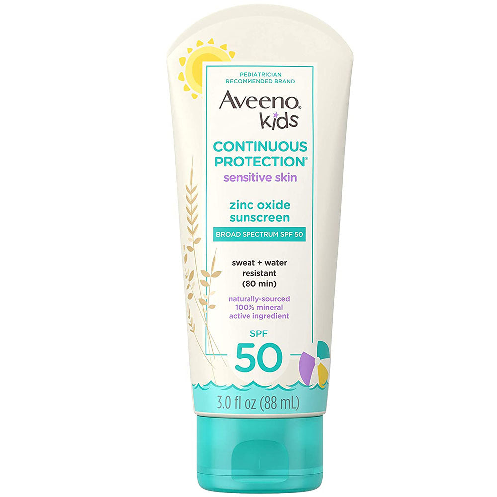 Aveeno Kids Continuous Protection Mineral Sunscreen, SPF 50 Bottle In Front Of White Background