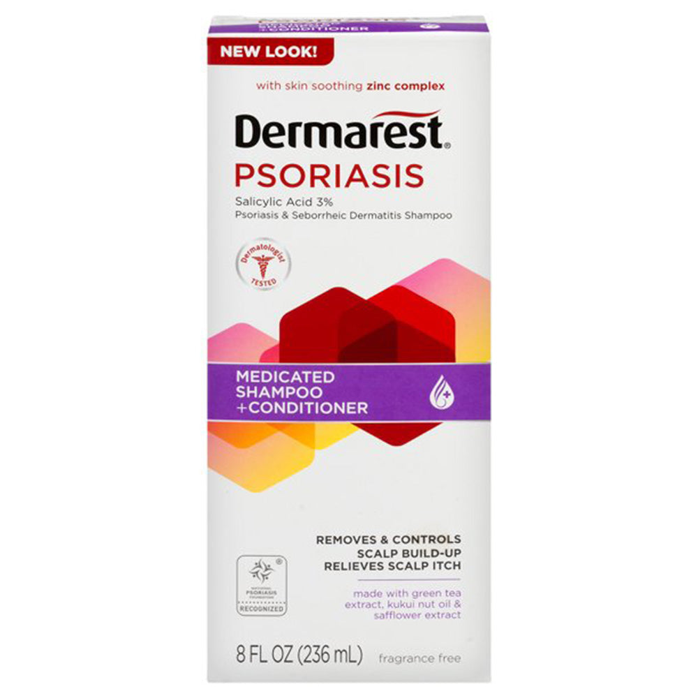 Dermarest Psoriasis Shampoo Plus Conditioner, 8 fl oz In Front Of White Background