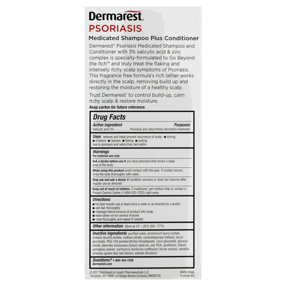 Dermarest Psoriasis Shampoo Plus Conditioner, 8 fl oz Usage Instructions On Reverse Of Packaging