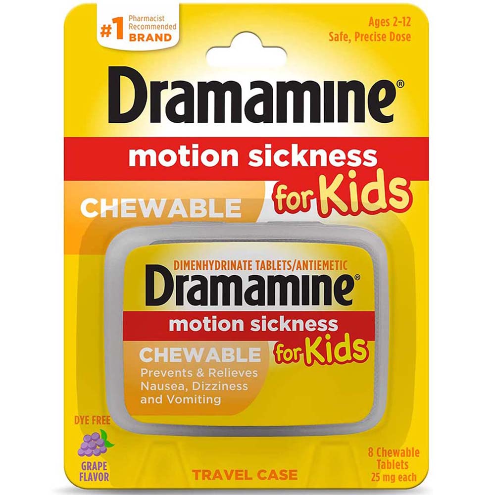 Dramamine Motion Sickness For Kids 8 Chewable Tablets In Front Of White Background