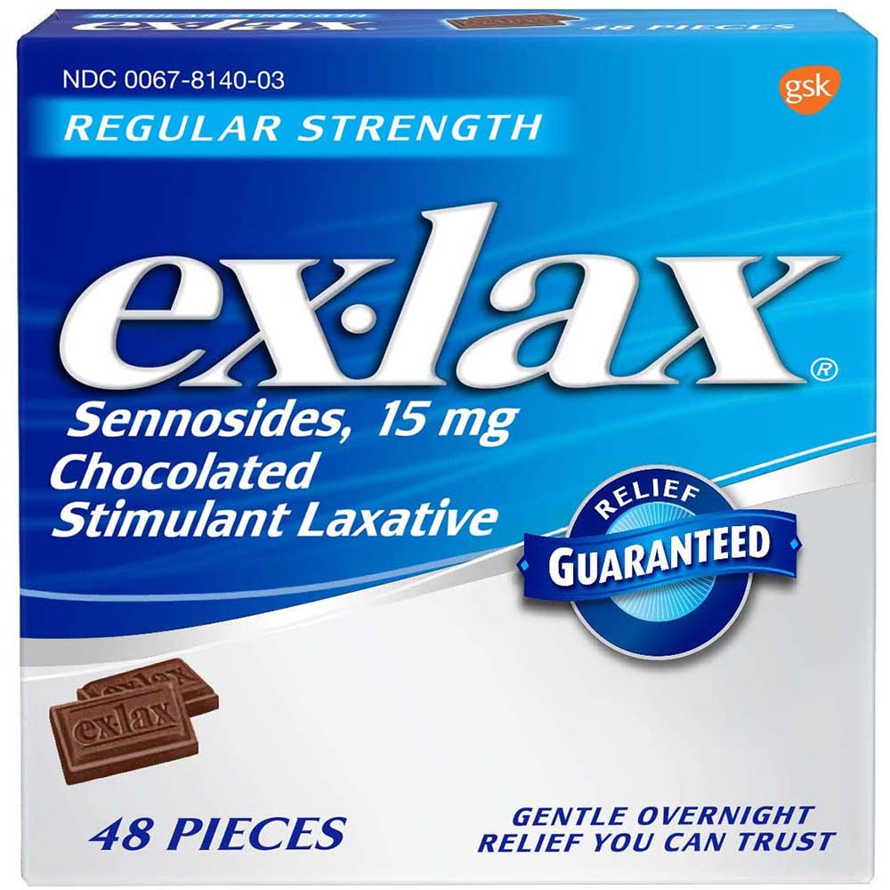 ExLax Sennosides15 mg Chocolated Stimulant Laxative 48 Pieces In Front Of White Background