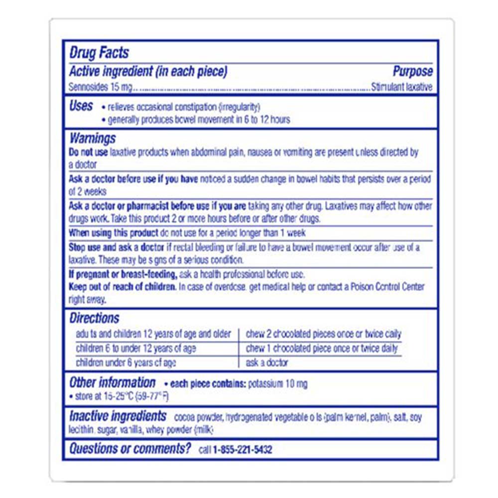 ExLax Sennosides15 mg Chocolated Stimulant Laxative  Usage Instructions On Reverse Of Product Packaging, In Front Of White Background