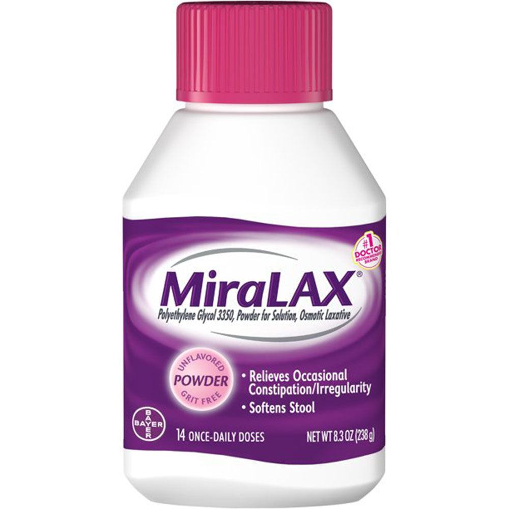 Miralax Polyethylene Glycol 3350 Laxative Powder Solution 14 Daily Doses In Front Of White Background