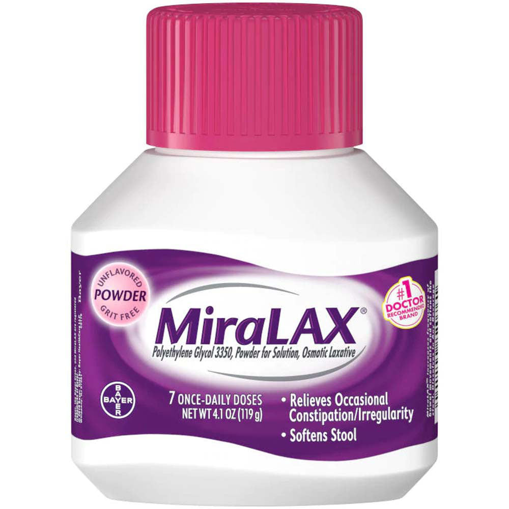 Miralax Polyethylene Glycol 3350 Laxative Powder Solution 7 Daily Doses In Front Of White Background