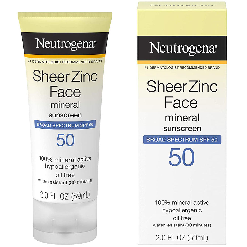 Neutrogena Sheer Zinc Face Mineral Sunscreen SPF 50 2 Fl Oz In Front Of White Background