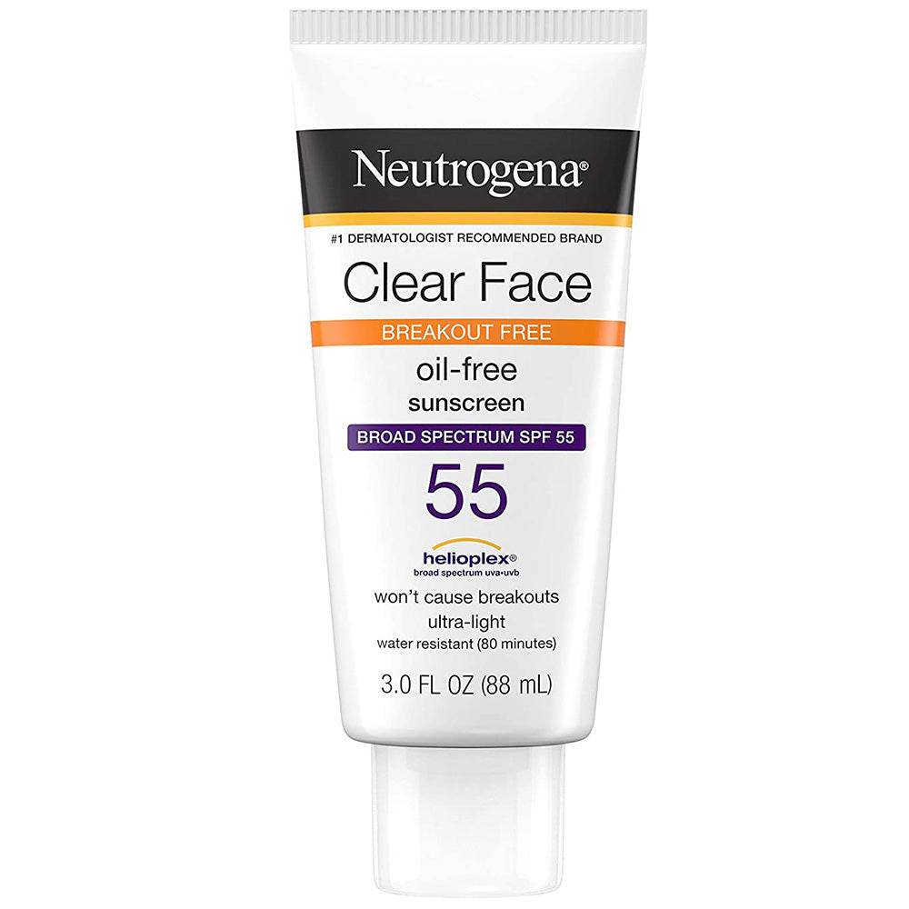 Neutrogena Clear Face Oil-Free Liquid Sunscreen SPF 55 3 Fl Oz In Front Of White Background