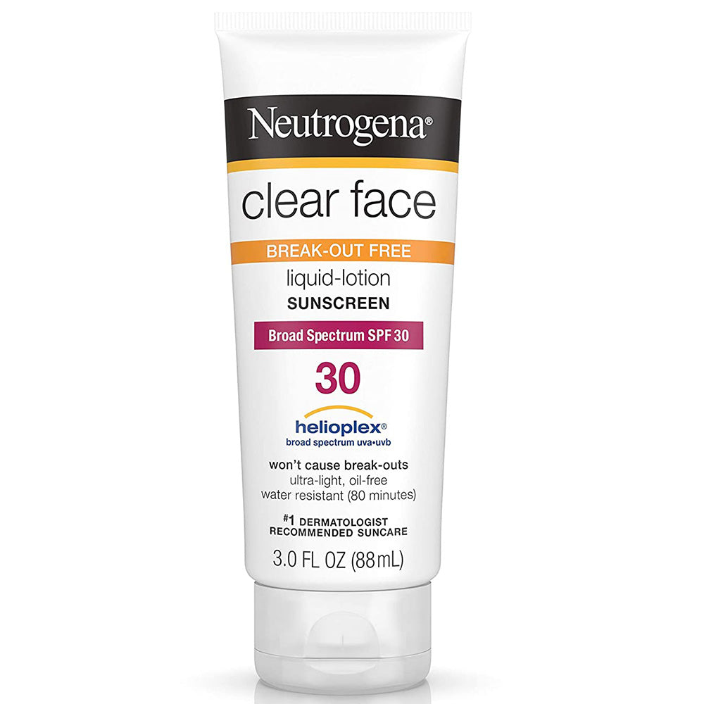 Neutrogena Clear Face Oil-Free Liquid Sunscreen SPF 30 In Front Of White Background