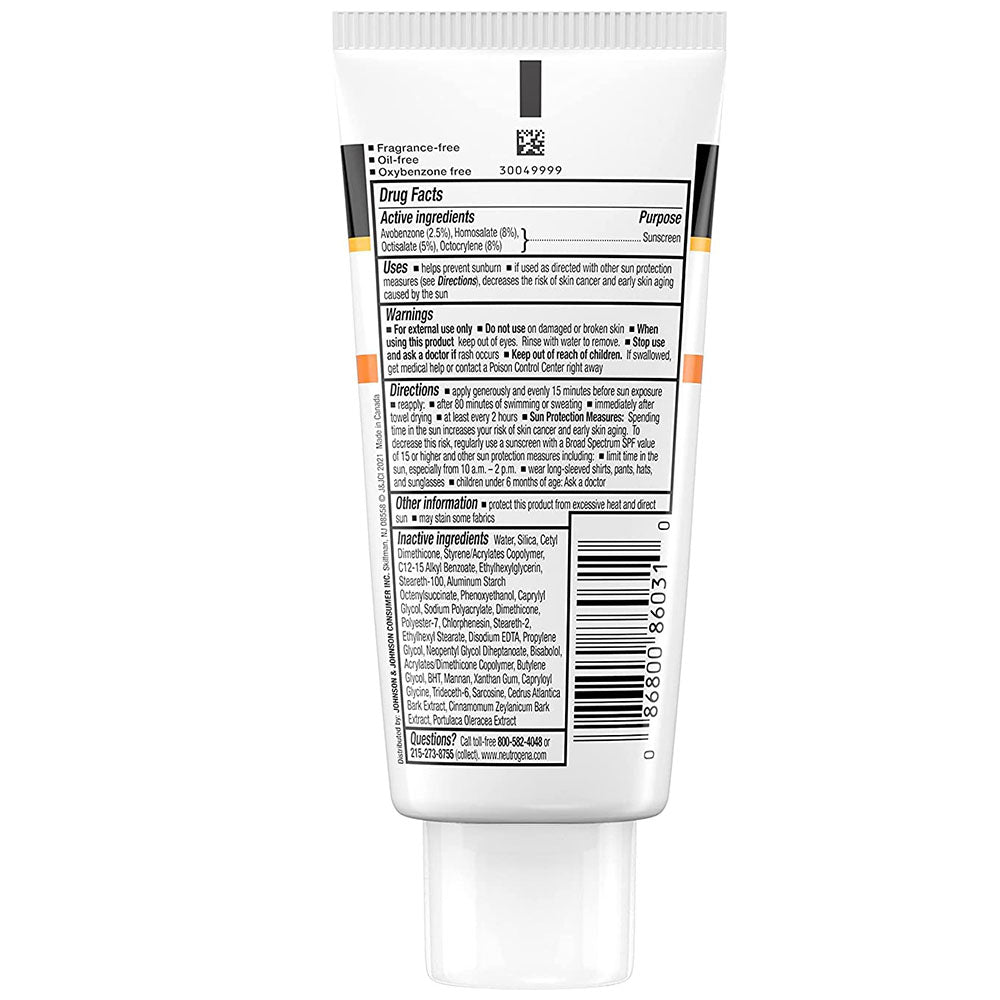 Neutrogena Clear Face Oil-Free Liquid Sunscreen SPF 30 Usage Instructions On Reverse Of Bottle