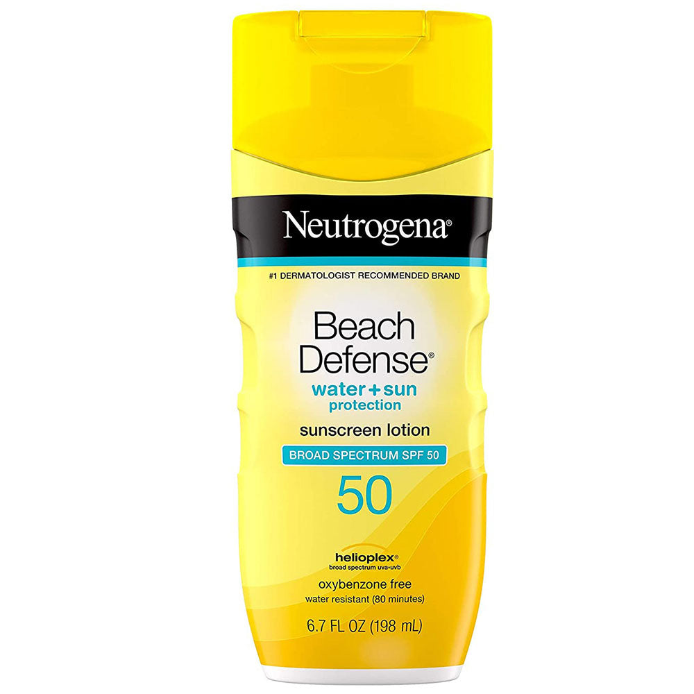 Neutrogena Sun Defense Water + Sun Protection Sunscreen Lotion SPF 50 6.7 Fl Oz In Front Of White Background