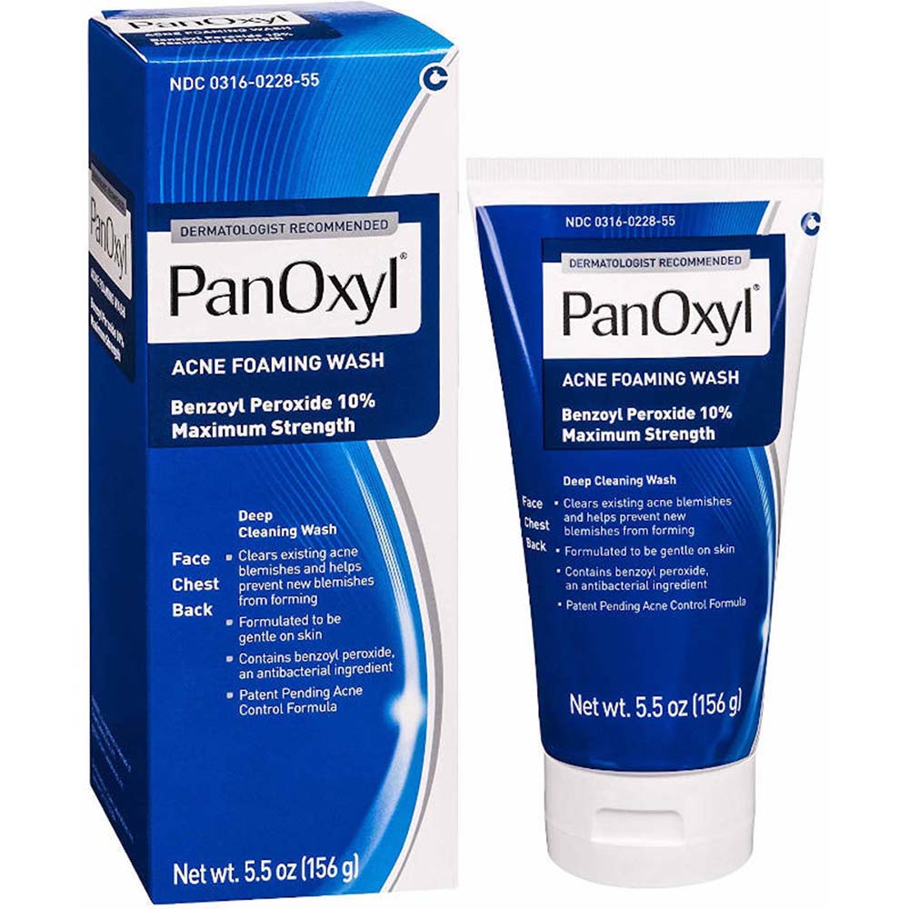 Panoxyl 10 Acne Foaming Wash Maximum Strength Benzoyl Peroxide 10% 5.5 Oz In Front Of White Background