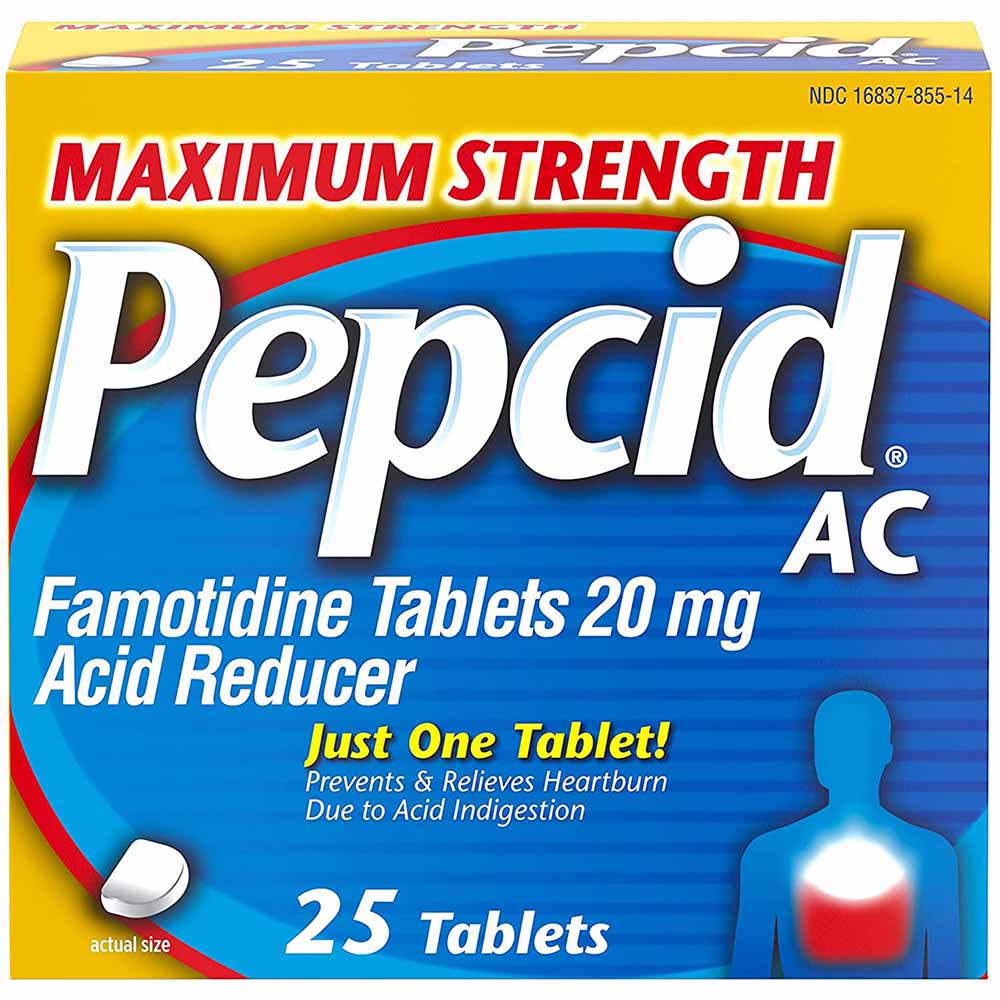Pepcid AC Maximum Strength Famotidine 20mg Acid Reducer 25 Tablets In Front Of White Background