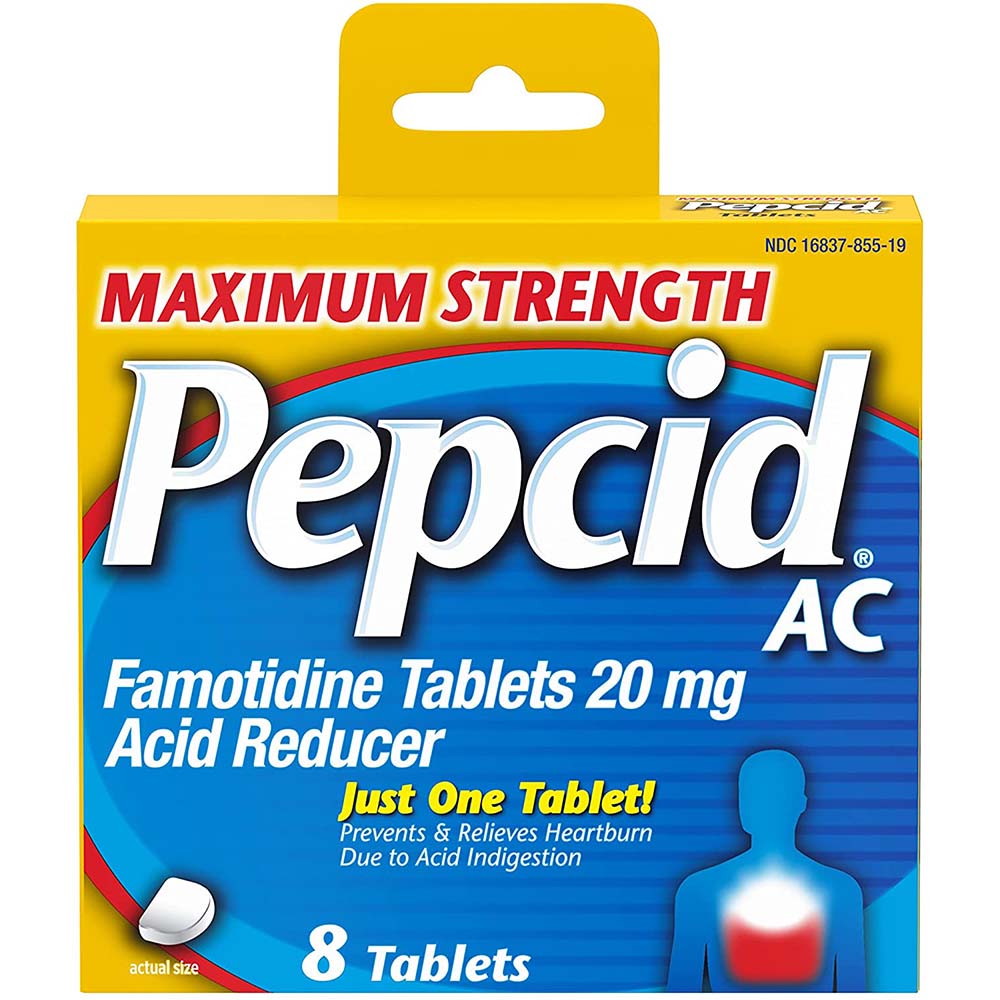 Pepcid AC Maximum Strength Famotidine 20mg Acid Reducer 8 Tablets In Front Of White Background