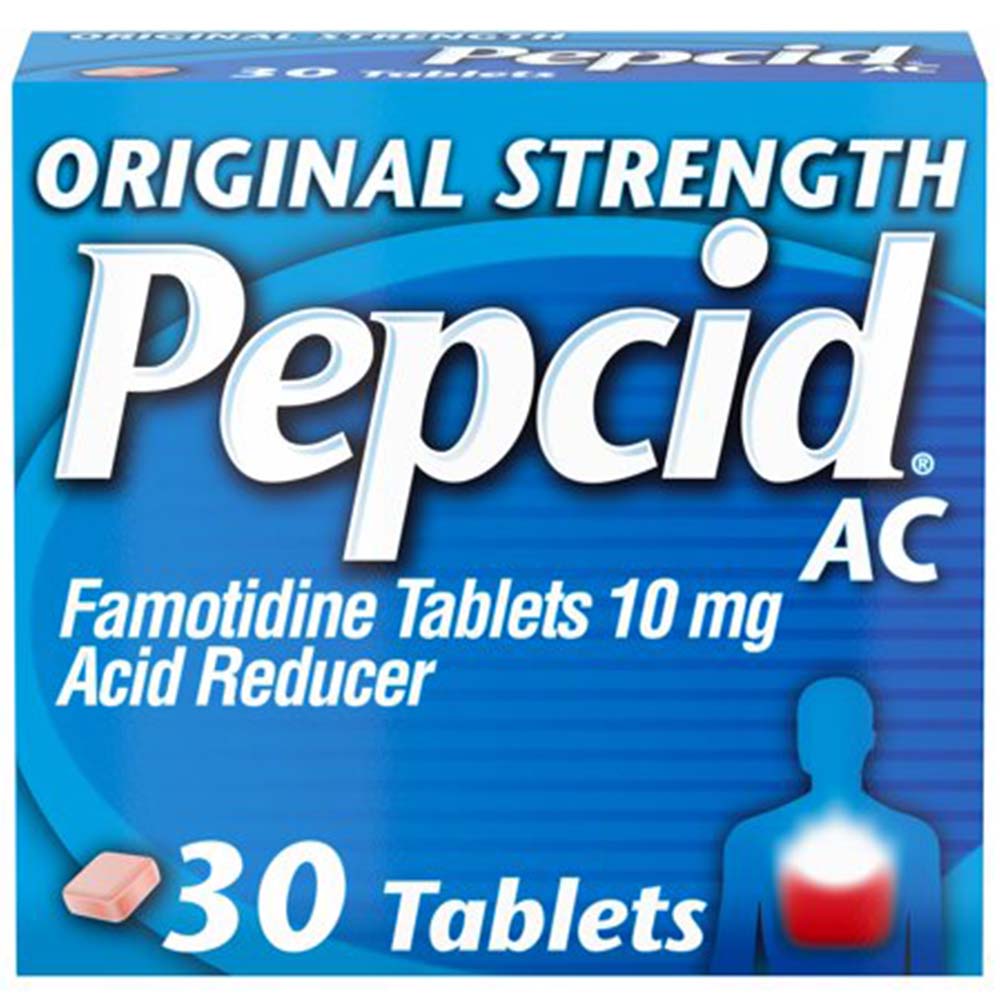 Pepcid AC Original Strength 10 mg Famotidine Acid Reducer 30 Tablets In Front Of White Background
