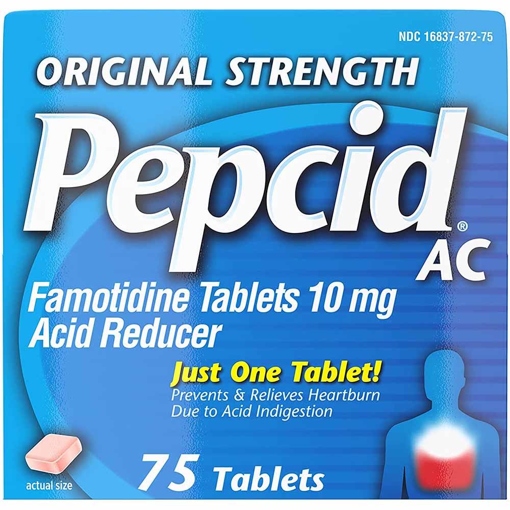 Pepcid AC Original Strength 10 mg Famotidine Acid Reducer 75 Tablets In Front Of White Background