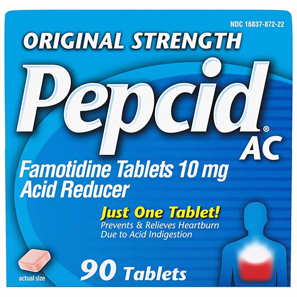 Pepcid AC Original Strength 10 mg Famotidine Acid Reducer 90 Tablets In Front Of White Background