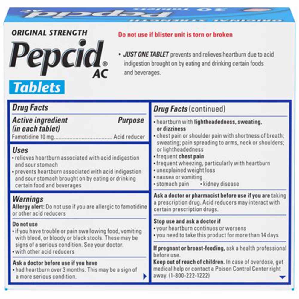 Pepcid AC Original Strength 10 mg Famotidine Acid Reducer Tablets Usage Instructions On Back Of Packaging