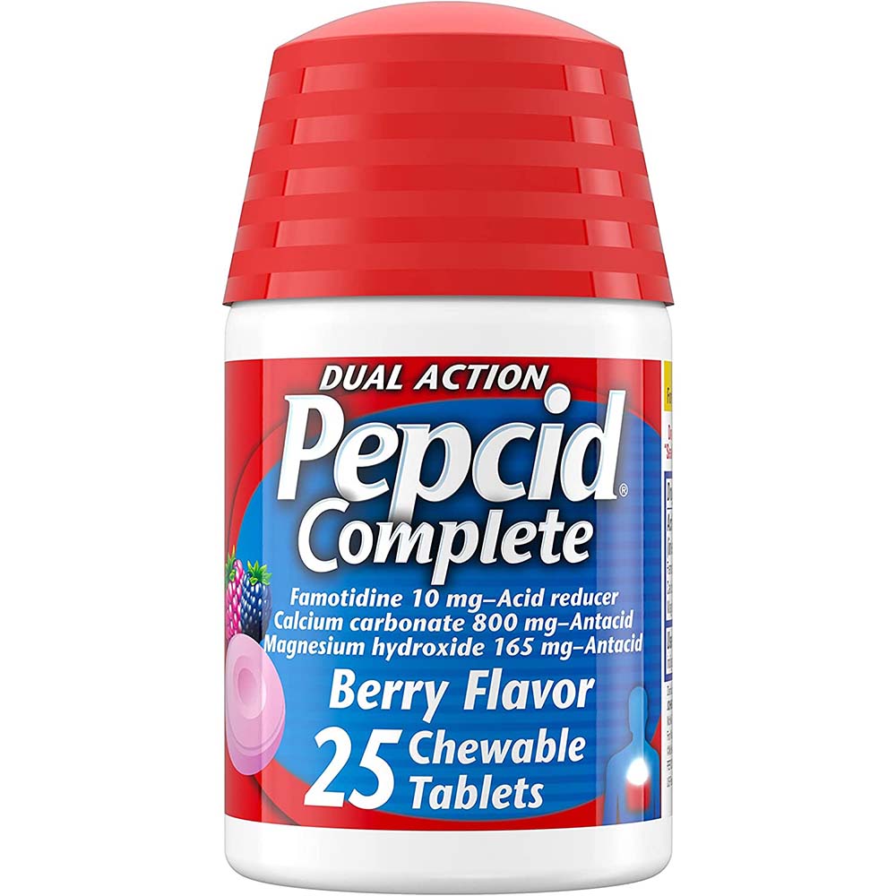 Pepcid Complete Dual Action Famotidine 10 mg Acid Reducer 25 Berry Flavor Chewable Tablets In Front Of White Background