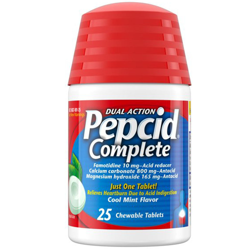 Pepcid Complete Dual Action Famotidine 10 mg Acid Reducer 25 Cool Mint Flavor Chewable Tablets In Front Of White Background