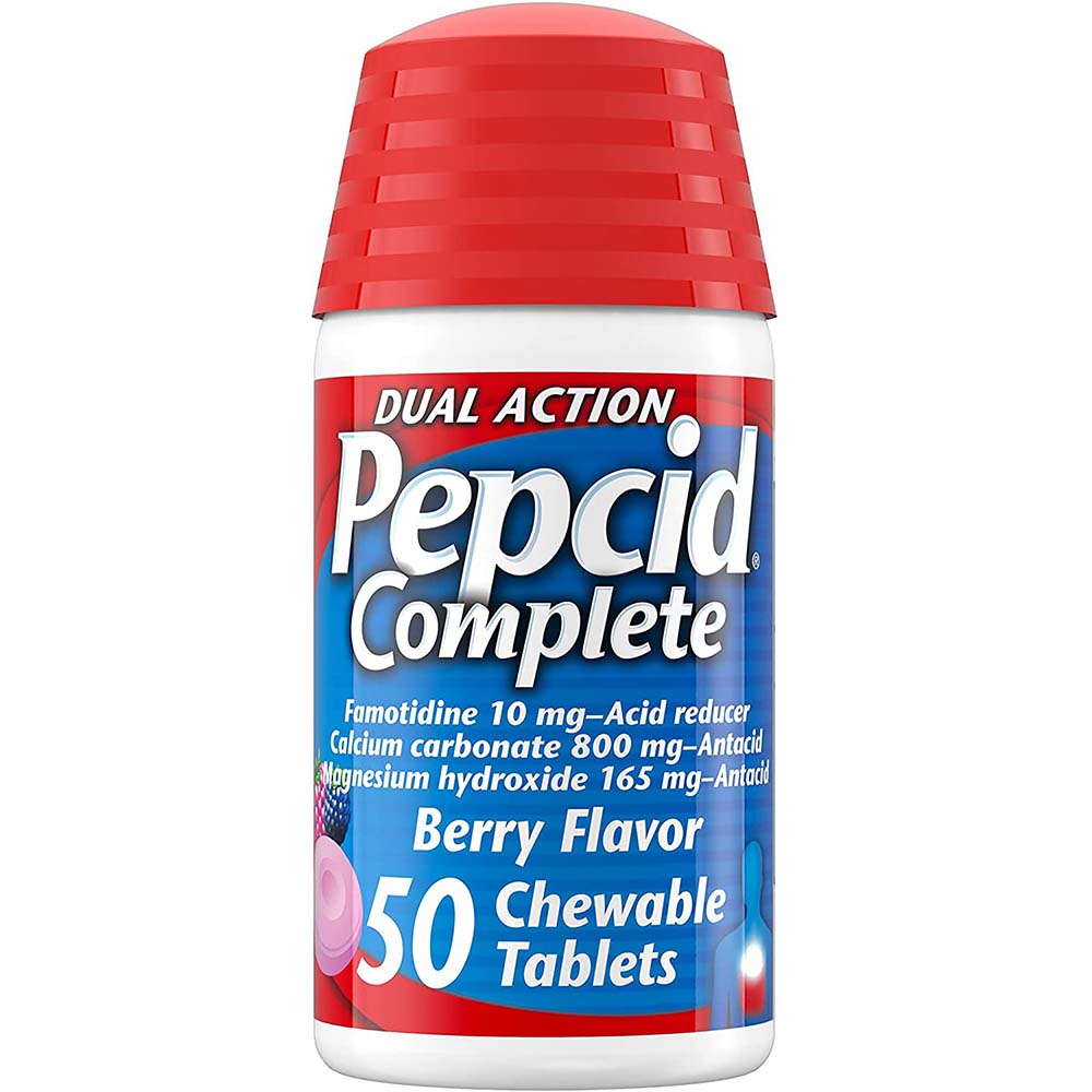 Pepcid Complete Dual Action Famotidine 10 mg Acid Reducer 50 Berry Flavor Chewable Tablets In Front Of White Background