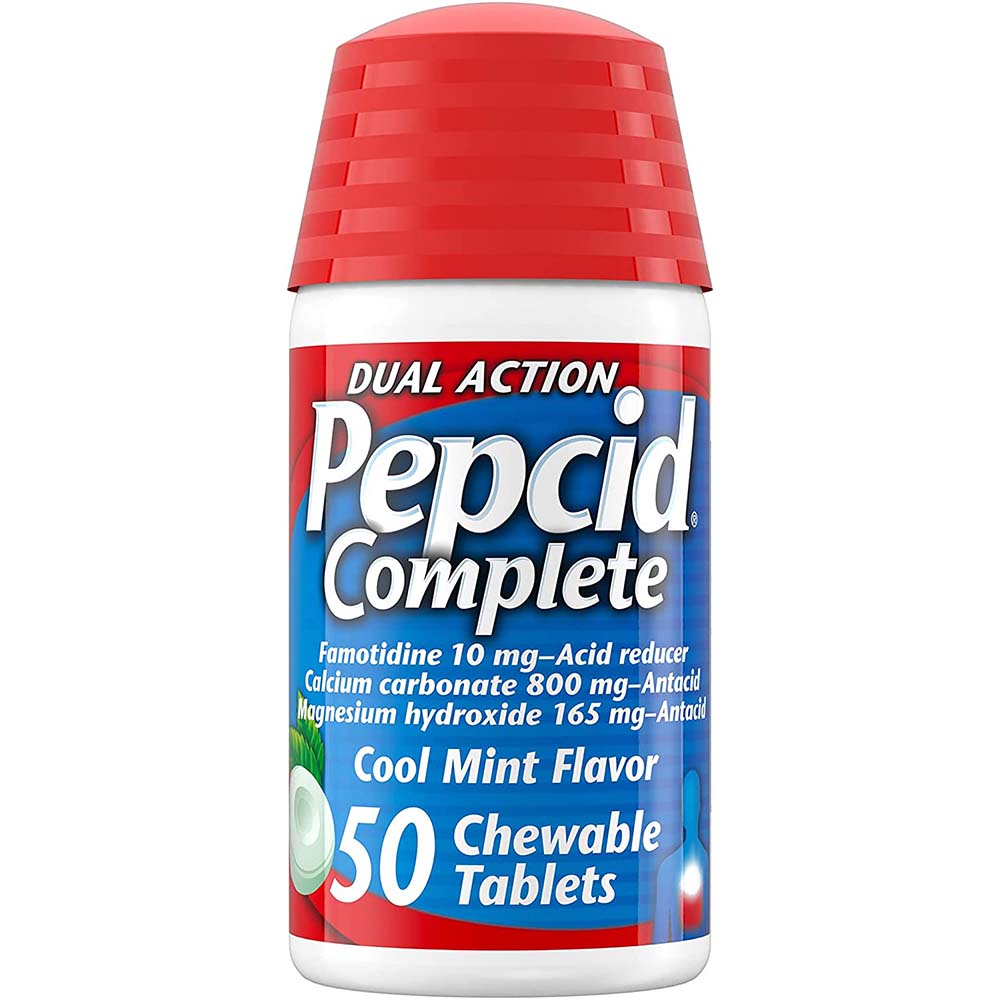 Pepcid Complete Dual Action Famotidine 10 mg Acid Reducer 50 Cool Mint Flavor Chewable Tablets In Front Of White Background