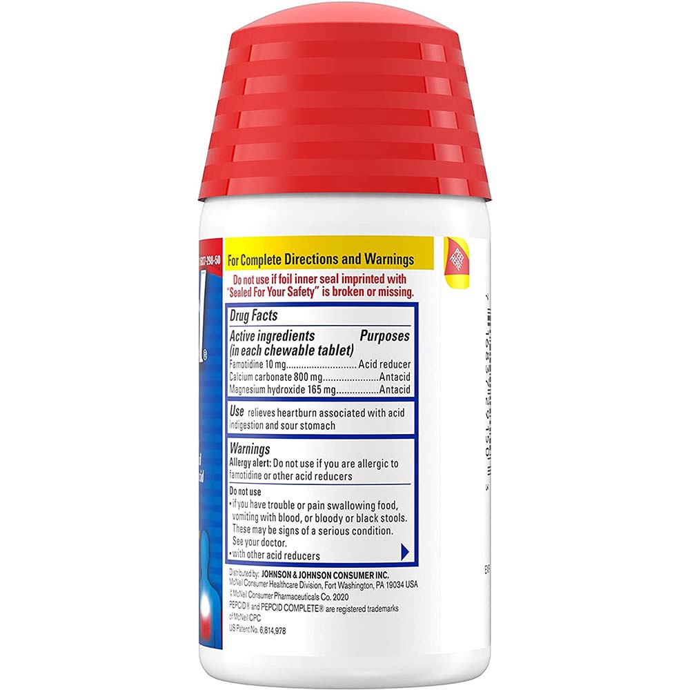 Pepcid Complete Dual Action Famotidine 10 mg Acid Reducer Chewable Tablets Usage Instruction On Back Of Packaging