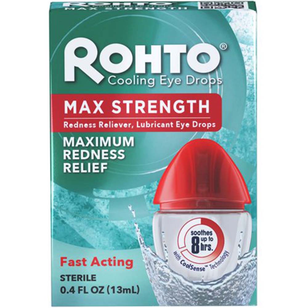 Rohto Cool Cooling Maximum Redness Relief Lubricant Eye Drops 0.4 Fl Oz In Front Of White Background