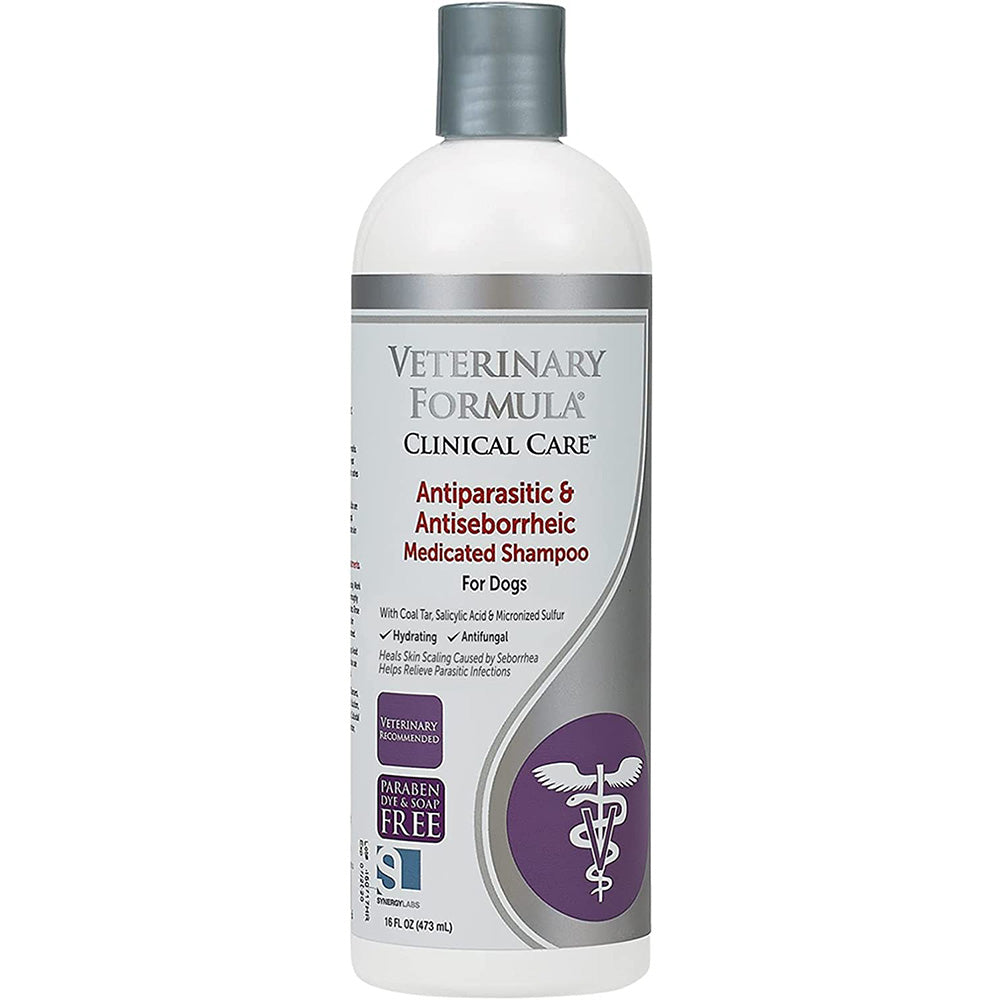 Veterinary Formula Clinical Care Antiparasitic & Antiseborrheic Shampoo for Dogs 16 oz In Front Of White Background
