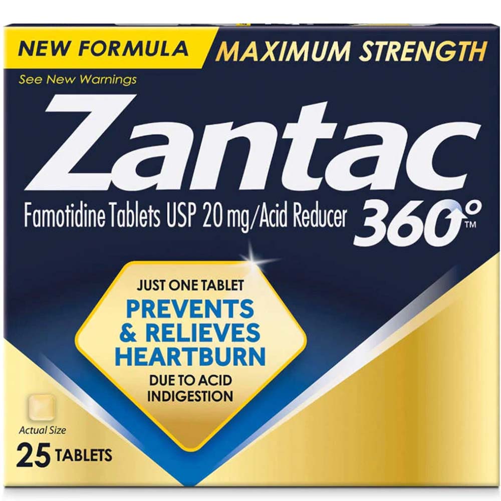 Zantac 360 Maximum Strength Famotidine 20 mg Acid Reducer 25 Tablets In Front Of White Background