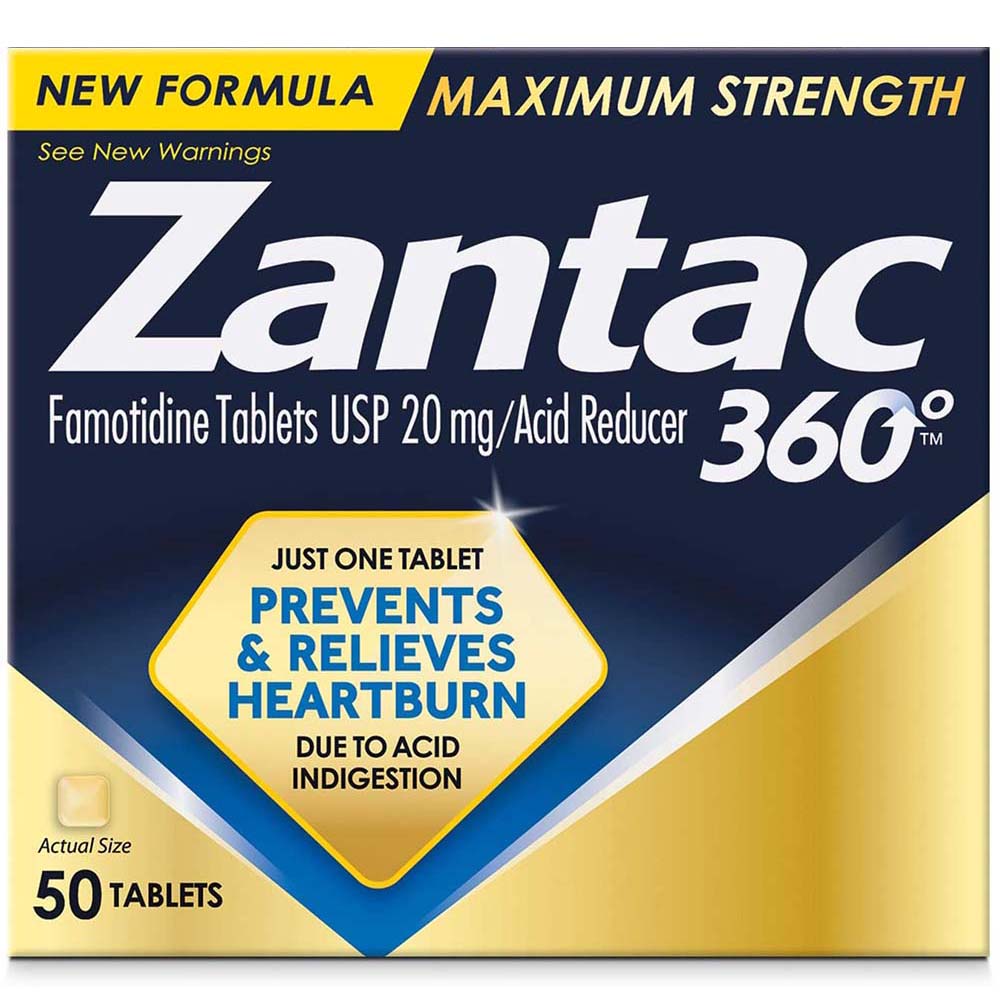 Zantac 360 Maximum Strength Famotidine 20 mg Acid Reducer 50 Tablets In Front Of White Background