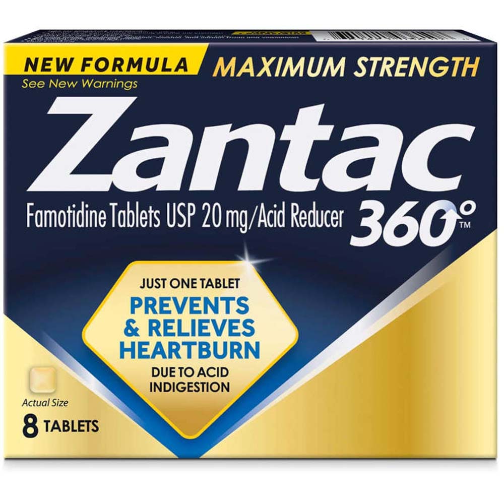 Zantac 360 Maximum Strength Famotidine 20 mg Acid Reducer 8 Tablets In Front Of White Background