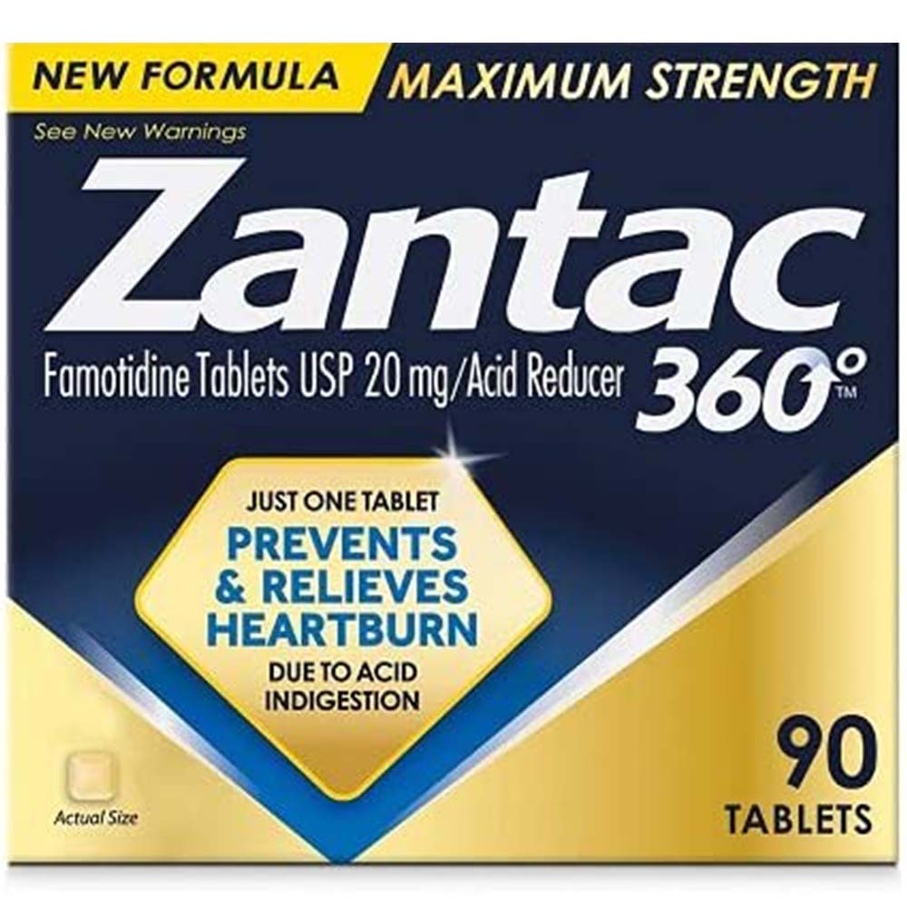 Zantac 360 Maximum Strength Famotidine 20 mg Acid Reducer 90 Tablets In Front Of White Background