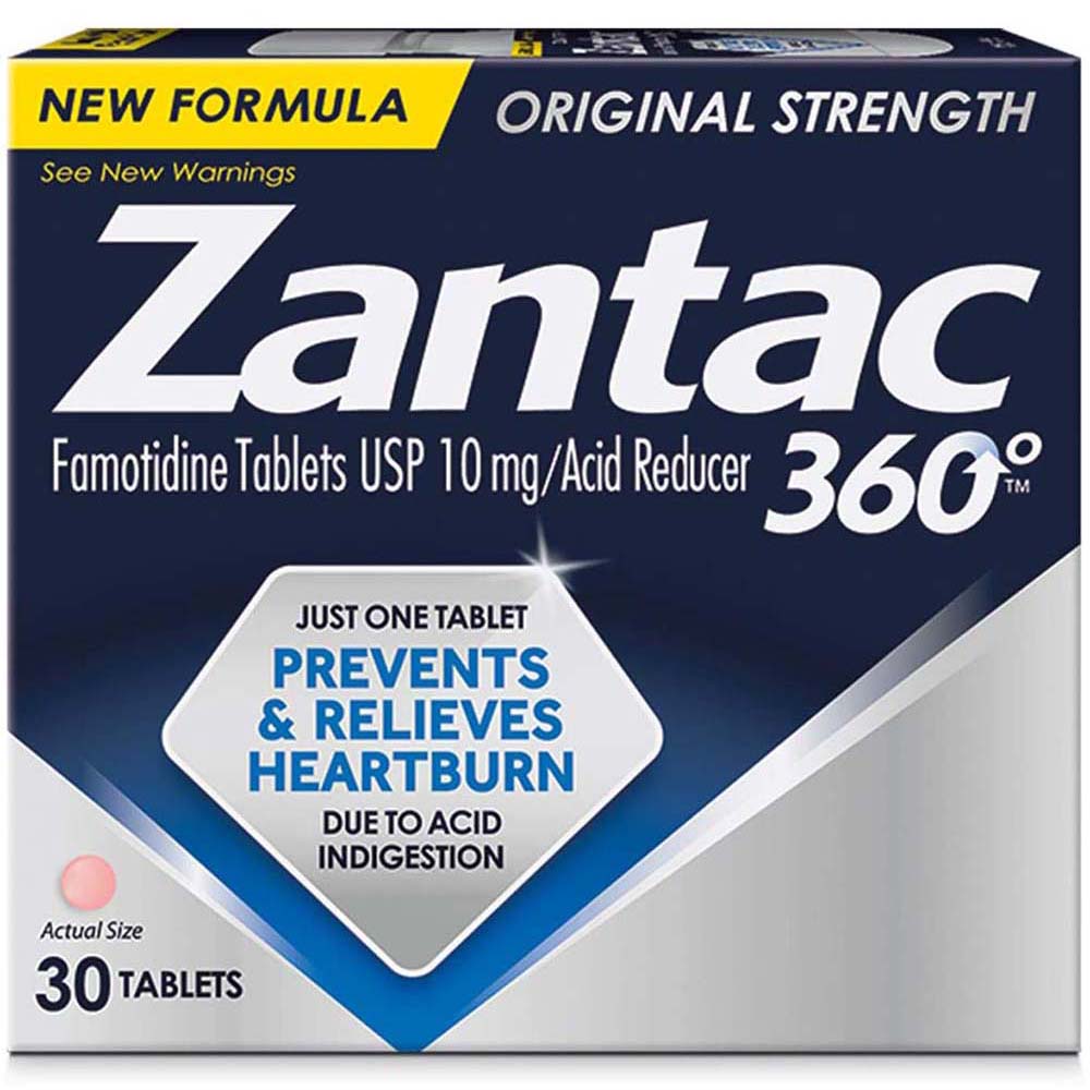 Zantac 360 Original Strength Famotidine 10 mg Acid Reducer 30 Tablets In Front Of White Background