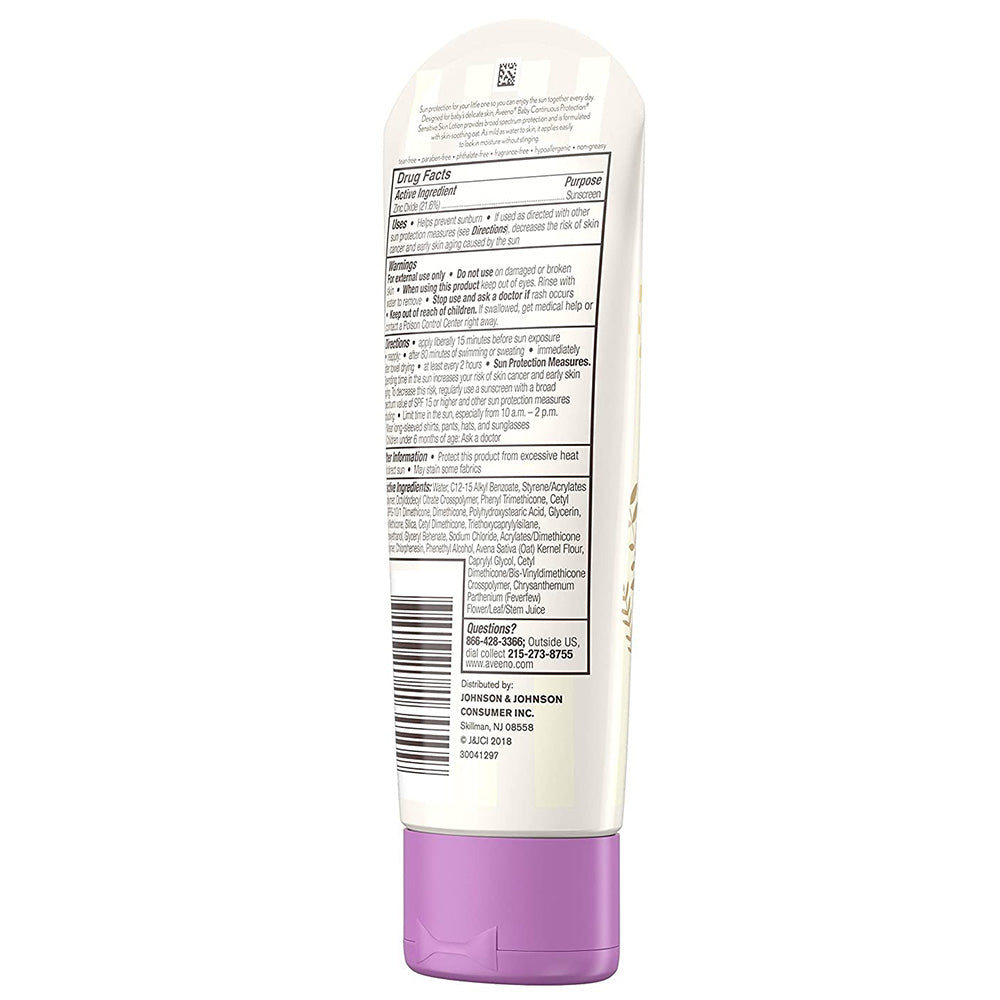 Aveeno Baby Continuous Protection Sunscreen SPF 50 Usage Instructions On Reverse Of Product Bottle, In Front Of White Background